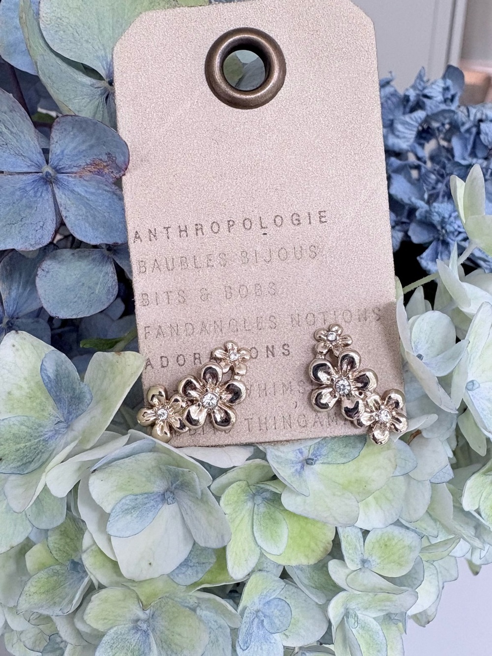 Anthropologie Gold Floral Cluster Earrings with Crystal Centers